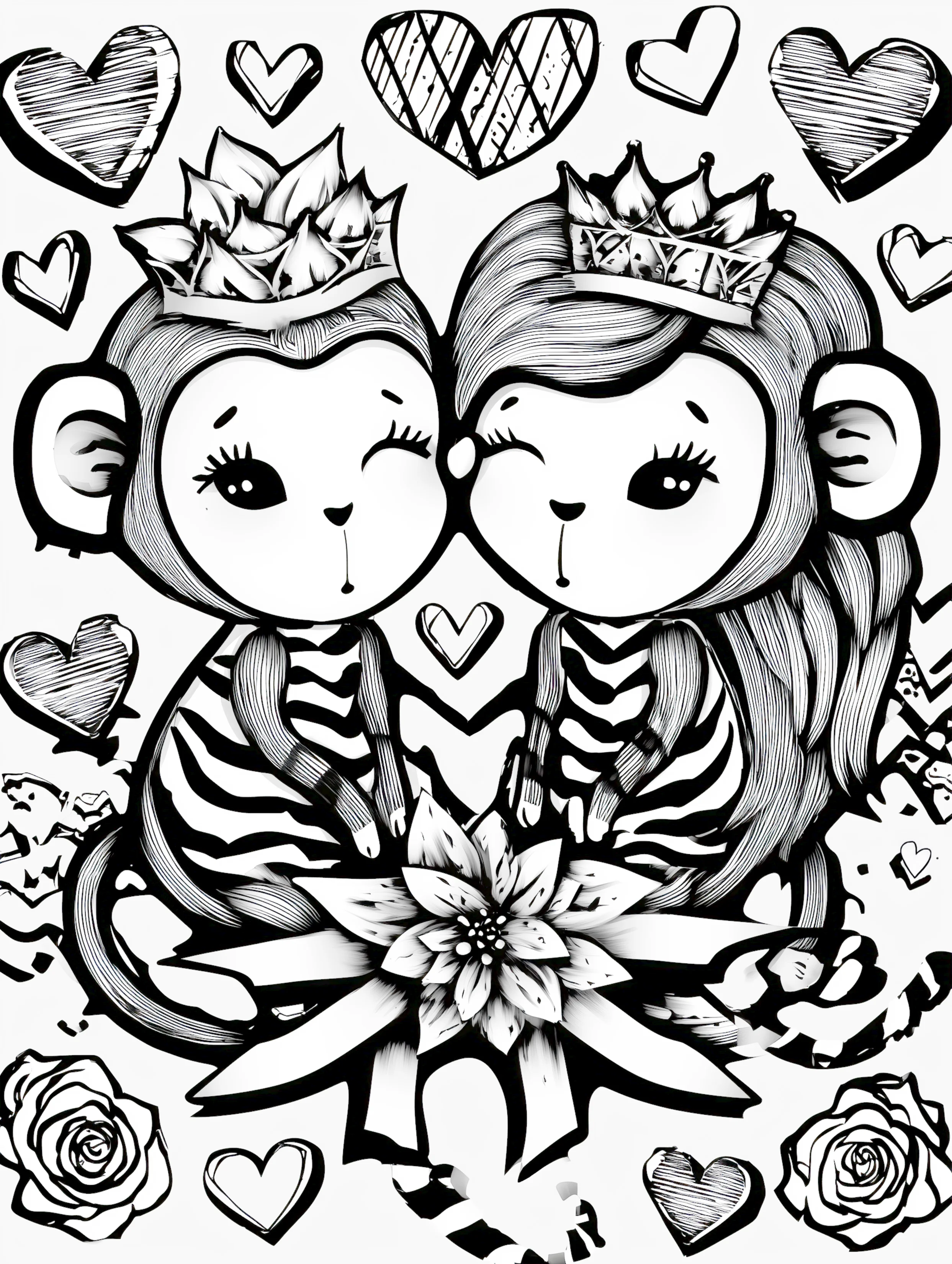 Free printable valentines coloring pages for adults featuring royal monkeys winking and leaning in close